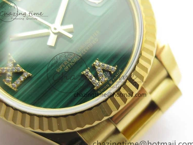 0516 Daydate 278288 31mm YG EWF Best Edition Green Malachite Dial on YG President Bracelet ETA SunProtective 2605